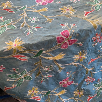 Blue Embroidered Silk Crewelwork Fabric